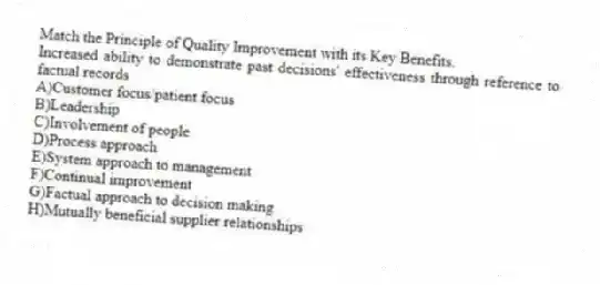 Match the Principle of Quality Improvement with its Key Benefits.
-Increased ability to demonstrate past decisions' effectiveness through reference to factual records
A)Customer focus/patient focus
B)Leadership
C)Involvement of people
D)Process approach
E)System approach to management
F)Continual improvement
G)Factual approach to decision making
H)Mutually beneficial supplier relationships