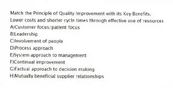 Match the Principle of Quality Improvement with its Key Benefits.
-Lower costs and shorter cycle times through effective use of resources
A)Customer focus/patient focus
B)Leadership
C)Involvement of people
D)Process approach
E)System approach to management
F)Continual improvement
G)Factual approach to decision making
H)Mutually beneficial supplier relationships
