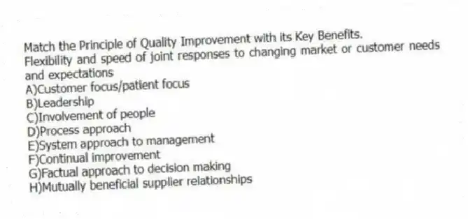 Match the Principle of Quality Improvement with its Key Benefits.
-Flexibility and speed of joint responses to changing market or customer needs and expectations
A)Customer focus/patient focus
B)Leadership
C)Involvement of people
D)Process approach
E)System approach to management
F)Continual improvement
G)Factual approach to decision making
H)Mutually beneficial supplier relationships