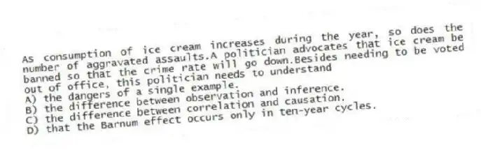 As consumption of ice cream increases during the year, so does the number of aggravated assaults.A politician advocates that ice cream be banned so that the crime rate will go down.Besides needing to be voted out of office, this politician needs to understand
A) the dangers of a single example.
B) the difference between observation and inference.
C) the difference between correlation and causation.
D) that the Barnum effect occurs only in ten-year cycles.