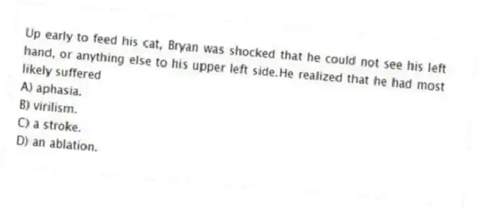 Up early to feed his cat, Bryan was shocked that he could not see his left hand, or anything else to his upper left side.He realized that he had most likely suffered
A) aphasia.
B) virilism.
C) a stroke.
D) an ablation.