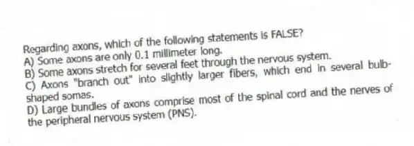 Regarding axons, which of the following statements is FALSE?
A) Some axons are only 0.1 millimeter long.
B) Some axons stretch for several feet through the nervous system.
C) Axons "branch out" into slightly larger fibers, which end in several bulb-shaped somas.
D) Large bundles of axons comprise most of the spinal cord and the nerves of the peripheral nervous system (PNS).