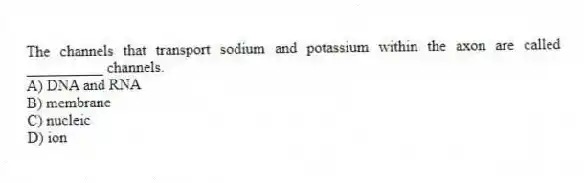 The channels that transport sodium and potassium within the axon are called __________ channels.
A) DNA and RNA
B) membrane
C) nucleic
D) ion