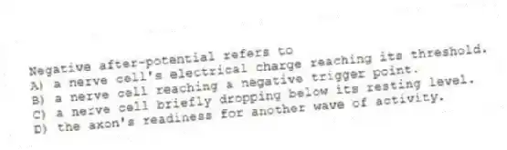 Negative after-potential refers to
A) a nerve cell's electrical charge reaching its threshold.
B) a nerve cell reaching a negative trigger point.
C) a nerve cell briefly dropping below its resting level.
D) the axon's readiness for another wave of activity.