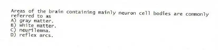 Areas of the brain containing mainly neuron cell bodies are commonly referred to as
A) gray matter.
B) white matter.
C) neurilemma.
D) reflex arcs.