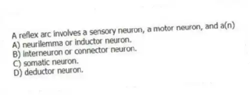 A reflex arc involves a sensory neuron, a motor neuron, and a(n)
A) neurilemma or inductor neuron.
B) interneuron or connector neuron.
C) somatic neuron.
D) deductor neuron.