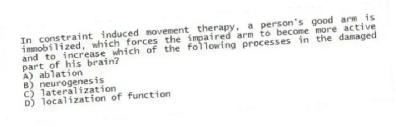 In constraint induced movement therapy, a person's good arm is immobilized, which forces the impaired arm to become more active and to increase which of the following processes in the damaged part of his brain?
A) ablation
B) neurogenesis
C) lateralization
D) localization of function