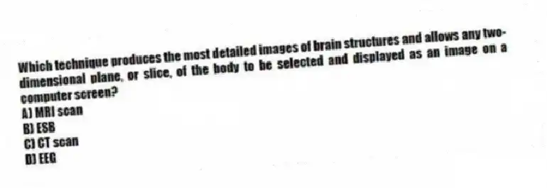 Which technique produces the most detailed images of brain structures and allows any two-dimensional plane, or slice, of the body to be selected and displayed as an image on a computer screen?
A) MRI scan
B) ESB
C) CT scan
D) EEG