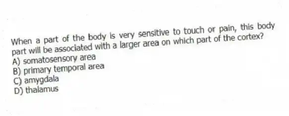 When a part of the body is very sensitive to touch or pain, this body part will be associated with a larger area on which part of the cortex?
A) somatosensory area
B) primary temporal area
C) amygdala
D) thalamus