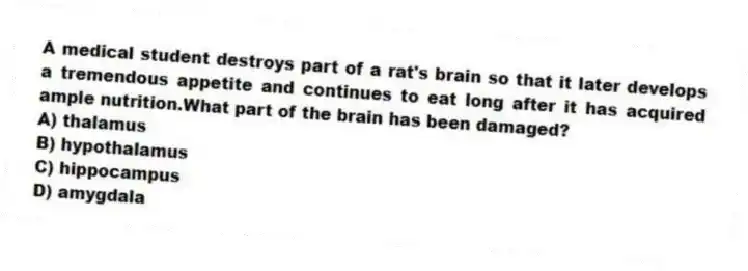 A medical student destroys part of a rat's brain so that it later develops a tremendous appetite and continues to eat long after it has acquired ample nutrition.What part of the brain has been damaged?
A) thalamus
B) hypothalamus
C) hippocampus
D) amygdala