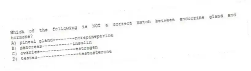 Which of the following is NOT a correct match between endocrine gland and hormone?
A) pineal gland--------norepinephrine
B) pancreas-----------insulin
C) ovaries-------------estrogen
D) testes---------------testosterone