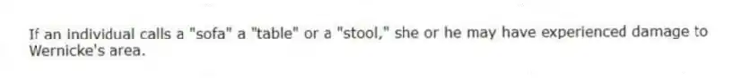 If an individual calls a "sofa" a "table" or a "stool," she or he may have experienced damage to Wernicke's area.