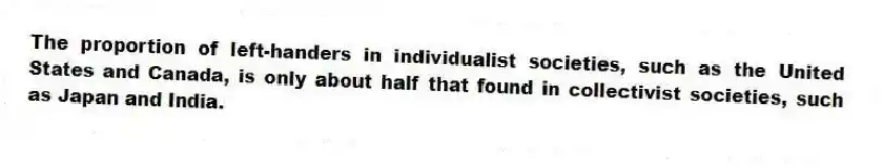 The proportion of left-handers in individualist societies, such as the United States and Canada, is only about half that found in collectivist societies, such as Japan and India.