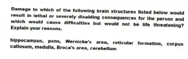 Damage to which of the following brain structures listed below would result in lethal or severely disabling consequences for the person and which would cause difficulties but would not be life threatening? Explain your reasons.
hippocampus, pons, Wernicke's area, reticular formation, corpus callosum, medulla, Broca's area, cerebellum