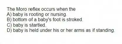 The Moro reflex occurs when the
A) baby is rooting or nursing.
B) bottom of a baby's foot is stroked.
C) baby is startled.
D) baby is held under his or her arms as if standing.