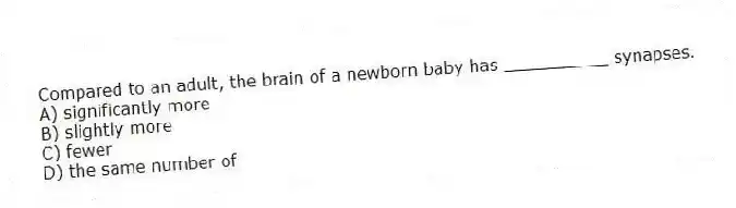 Compared to an adult, the brain of a newborn baby has __________ synapses.
A) significantly more
B) slightly more
C) fewer
D) the same number of