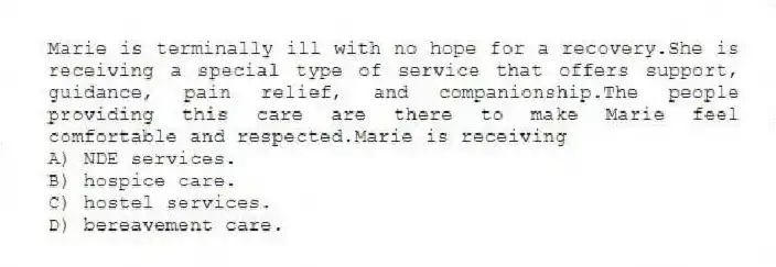 Marie is terminally ill with no hope for a recovery.She is receiving a special type of service that offers support, guidance, pain relief, and companionship.The people providing this care are there to make Marie feel comfortable and respected.Marie is receiving
A) NDE services.
B) hospice care.
C) hostel services.
D) bereavement care.
