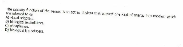 The primary function of the senses is to act as devices that convert one kind of energy into another, which are referred to as
A) visual adapters.
B) biological assimilators.
C) phosphenes.
D) biological transducers.