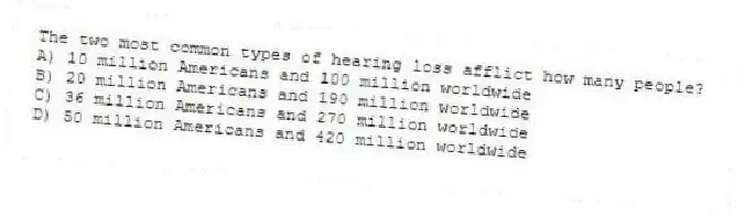 The two most common types of hearing loss afflict how many people?
A) ​10 million Americans and 100 million worldwide
B) ​20 million Americans and 190 million worldwide
C) ​36 million Americans and 270 million worldwide
D) ​50 million Americans and 420 million worldwide