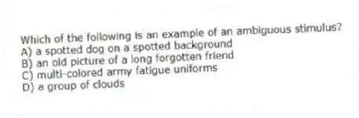Which of the following is an example of an ambiguous stimulus?
A) a spotted dog on a spotted background
B) an old picture of a long forgotten friend
C) multi-colored army fatigue uniforms
D) a group of clouds