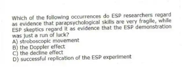 Which of the following occurrences do ESP researchers regard as evidence that parapsychological skills are very fragile, while ESP skeptics regard it as evidence that the ESP demonstration was just a run of luck?
A) stroboscopic movement
B) the Doppler effect
C) the decline effect
D) successful replication of the ESP experiment