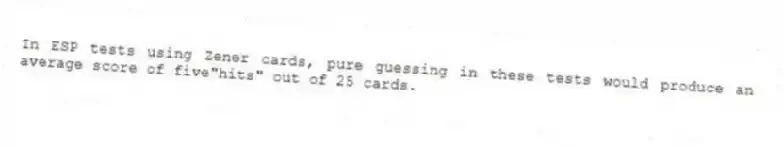 In ESP tests using Zener cards, pure guessing in these tests would produce an average score of five"hits" out of 25 cards.