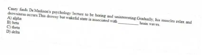 Casey finds Dr.Madison's psychology lecture to be boring and uninteresting.Gradually, his muscles relax and drowsiness occurs.This drowsy but wakeful state is associated with __________ brain waves.
A) alpha
B) beta
C) theta
D) delta