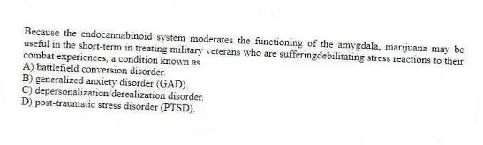 Because the endocannabinoid system moderates the functioning of the amygdala, marijuana may be useful in the short-term in treating military veterans who are sufferingdebilitating stress reactions to their combat experiences, a condition known as
A) battlefield conversion disorder.
B) generalized anxiety disorder (GAD).
C) depersonalization/derealization disorder.
D) post-traumatic stress disorder (PTSD).