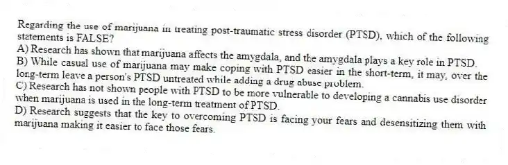 Regarding the use of marijuana in treating post-traumatic stress disorder (PTSD), which of the following statements is FALSE?
A) Research has shown that marijuana affects the amygdala, and the amygdala plays a key role in PTSD.
B) While casual use of marijuana may make coping with PTSD easier in the short-term, it may, over the long-term leave a person's PTSD untreated while adding a drug abuse problem.
C) Research has not shown people with PTSD to be more vulnerable to developing a cannabis use disorder when marijuana is used in the long-term treatment of PTSD.
D) Research suggests that the key to overcoming PTSD is facing your fears and desensitizing them with marijuana making it easier to face those fears.