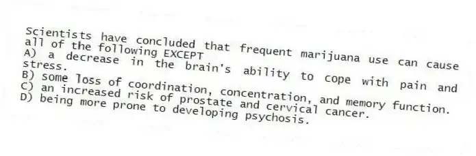 Scientists have concluded that frequent marijuana use can cause all of the following EXCEPT
A) a decrease in the brain's ability to cope with pain and stress.
B) some loss of coordination, concentration, and memory function.
C) an increased risk of prostate and cervical cancer.
D) being more prone to developing psychosis.