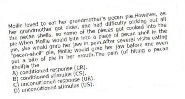 Mollie loved to eat her grandmother's pecan pie.However, as her grandmother got older, she had difficulty picking out all the pecan shells, so some of the pieces got cooked into the pie.When Mollie would bite into a piece of pecan shell in the pie, she would grab her jaw in pain.After several visits eating "pecan-shell" pie, Mollie would grab her jaw before she even put a bite of pie in her mouth.The pain (of biting a pecan shell)is the
A) conditioned response (CR).
B) conditioned stimulus (CS).
C) unconditioned response (UR).
D) unconditioned stimulus (US).