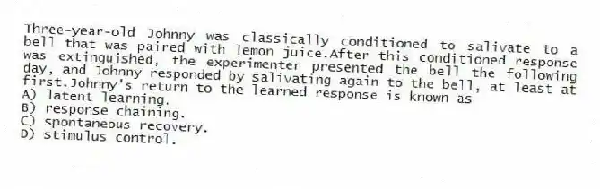 Three-year-old Johnny was classically conditioned to salivate to a bell that was paired with lemon juice.After this conditioned response was extinguished, the experimenter presented the bell the following day, and Johnny responded by salivating again to the bell, at least at first.Johnny's return to the learned response is known as
A) latent learning.
B) response chaining.
C) spontaneous recovery.
D) stimulus control.