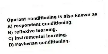Operant conditioning is also known as
A) respondent conditioning.
B) reflexive learning.
C) instrumental learning.
D) Pavlovian conditioning.