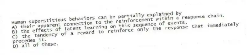 Human superstitious behaviors can be partially explained by
A) their apparent connection to the reinforcement within a response chain.
B) the effects of latent learning on this sequence of events.
C) the tendency of a reward to reinforce only the response that immediately precedes it.
D) all of these.