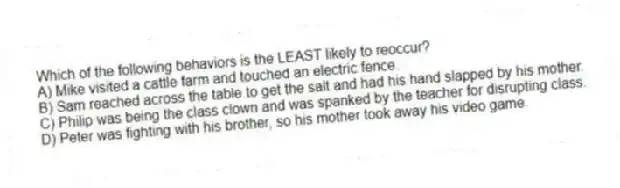 Which of the following behaviors is the LEAST likely to reoccur?
A) Mike visited a cattle farm and touched an electric fence.
B) Sam reached across the table to get the salt and had his hand slapped by his mother.
C) Philip was being the class clown and was spanked by the teacher for disrupting class.
D) Peter was fighting with his brother, so his mother took away his video game.