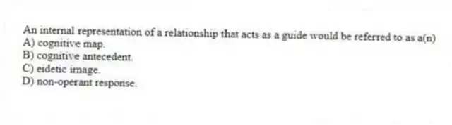 An internal representation of a relationship that acts as a guide would be referred to as a(n)
A) cognitive map.
B) cognitive antecedent.
C) eidetic image.
D) non-operant response.