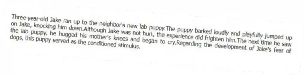 Three-year-old Jake ran up to the neighbor's new lab puppy.The puppy barked loudly and playfully jumped up on Jake, knocking him down.Although Jake was not hurt, the experience did frighten him.The next time he saw the lab puppy, he hugged his mother's knees and began to cry.Regarding the development of Jake's fear of dogs, this puppy served as the conditioned stimulus.