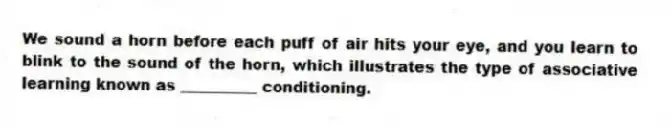 We sound a horn before each puff of air hits your eye, and you learn to blink to the sound of the horn, which illustrates the type of associative learning known as __________ conditioning.