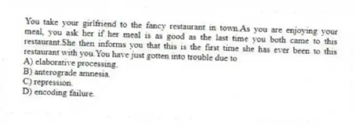 You take your girlfriend to the fancy restaurant in town.As you are enjoying your meal, you ask her if her meal is as good as the last time you both came to this restaurant.She then informs you that this is the first time she has ever been to this restaurant with you.You have just gotten into trouble due to
A) elaborative processing.
B) anterograde amnesia.
C) repression.
D) encoding failure.