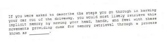 If you were asked to describe the steps you go through in backing your car out of the driveway, you would most likely retrieve this implicit memory by moving your head, hands, and feet with these movements providing cues for memory retrieval through a process known as _________.
