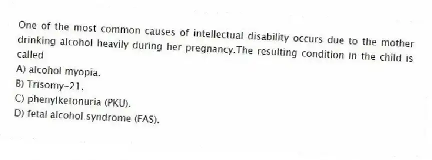 One of the most common causes of intellectual disability occurs due to the mother drinking alcohol heavily during her pregnancy.The resulting condition in the child is called
A) alcohol myopia.
B) Trisomy-21.
C) phenylketonuria (PKU).
D) fetal alcohol syndrome (FAS).