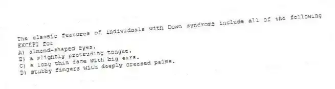 The classic features of individuals with Down syndrome include all of the following EXCEPT for
A) almond-shaped eyes.
B) a slightly protruding tongue.
C) a long thin face with big ears.
D) stubby fingers with deeply creased palms.