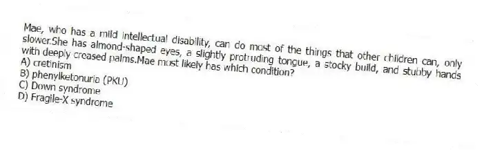 Mae, who has a mild intellectual disability, can do most of the things that other children can, only slower.She has almond-shaped eyes, a slightly protruding tongue, a stocky build, and stubby hands with deeply creased palms.Mae most likely has which condition?
A) cretinism
B) phenylketonuria (PKU)
C) Down syndrome
D) Fragile-X syndrome
