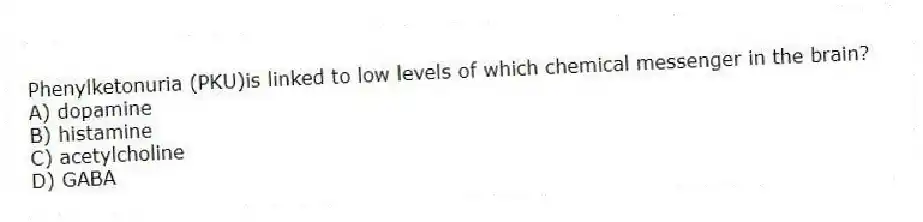 Phenylketonuria (PKU)is linked to low levels of which chemical messenger in the brain?​
A) ​dopamine
B) ​histamine
C) ​acetylcholine
D) ​GABA