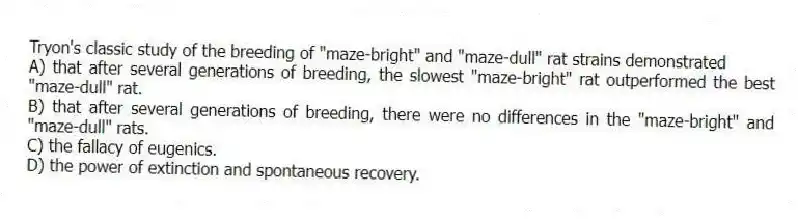 Tryon's classic study of the breeding of "maze-bright" and "maze-dull" rat strains demonstrated
A) that after several generations of breeding, the slowest "maze-bright" rat outperformed the best "maze-dull" rat.
B) that after several generations of breeding, there were no differences in the "maze-bright" and "maze-dull" rats.
C) the fallacy of eugenics.
D) the power of extinction and spontaneous recovery.
