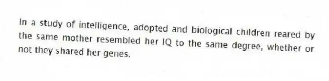 In a study of intelligence, adopted and biological children reared by the same mother resembled her IQ to the same degree, whether or not they shared her genes.