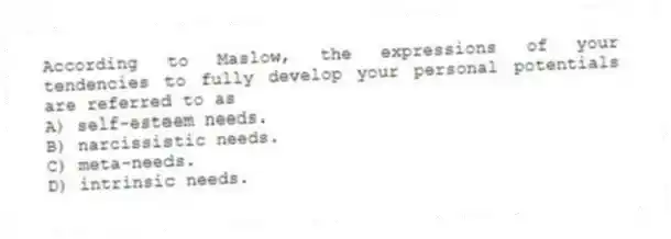 According to Maslow, the expressions of your tendencies to fully develop your personal potentials are referred to as
A) self-esteem needs.
B) narcissistic needs.
C) meta-needs.
D) intrinsic needs.