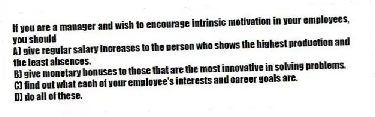 If you are a manager and wish to encourage intrinsic motivation in your employees, you should
A) give regular salary increases to the person who shows the highest production and the least absences.
B) give monetary bonuses to those that are the most innovative in solving problems.
C) find out what each of your employee's interests and career goals are.
D) do all of these.