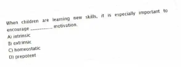 When children are learning new skills, it is especially important to encourage __________ motivation.
A) intrinsic
B) extrinsic
C) homeostatic
D) prepotent