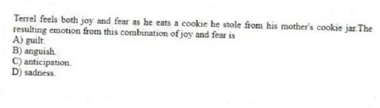 Terrel feels both joy and fear as he eats a cookie he stole from his mother's cookie jar.The resulting emotion from this combination of joy and fear is
A) guilt.
B) anguish.
C) anticipation.
D) sadness.